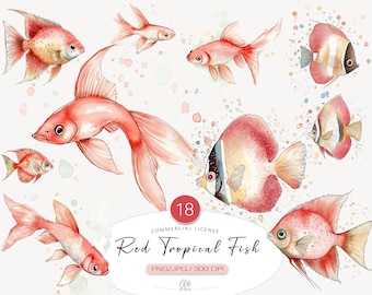 Watercolor Red Tropical Fish Clipart: 18 PNG JPG Graphics (Instant Download)
