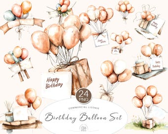 Rose Gold Birthday Clipart: Watercolor Balloons, Gift Tags (PNG Digital Download)