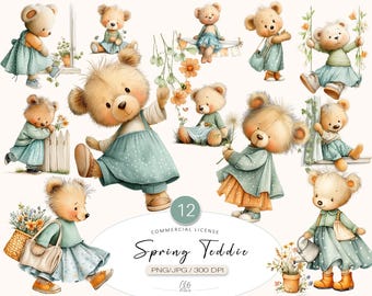 12 Spring Teddy Clipart PNG JPG | Cute Bear Illustrations for Scrapbooking & Junk Journal, Teddie Bear, Instant Download