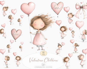 Valentine Children Clipart Watercolor Cute Girl Hearts PNG