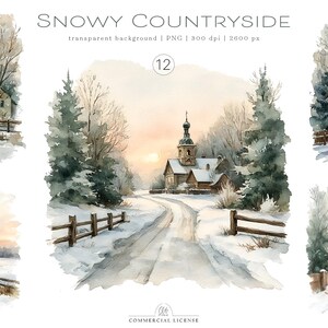 Op de afbeelding: Waterverfschilderij van een besneeuwde landschap met een kerk, bomen en een weg. De afbeelding heeft een zacht, gedempt kleurenpalet met tekst die luidt "SNOWY COUNTRYSIDE" en "COMMERCIAL LICENSE".