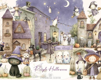 Pastel Halloween Clipart: Witches, Ghosts, Cats (PNG Digital Download)