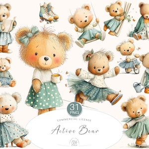 Conjunto de Cliparts de Ursos Ativos – Ursinhos de Pelúcia Fofos com Livros, Flores, Patins e Mais | 31 Cliparts PNG em Tons Pastel Suaves para Crianças e Álbum de Recortes