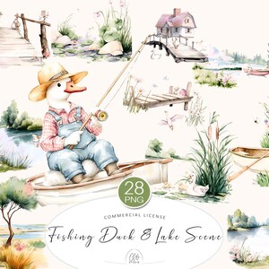 28 Fischende Ente & See-Szene PNG – Aquarell Flussufer, Pfeiler, Enten und Boote – Cottagecore Clipart, Junk Journal, Natur zum Ausdrucken