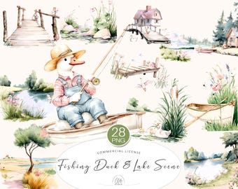 Watercolor Fishing Duck Clipart: Cottagecore Junk Journal PNGs (Digital Download)
