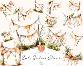 Boho Garland Cliparts: Watercolor Rustic Banners (PNG Digital Download)