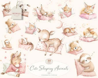 39 Sleeping Animals Clipart | Watercolor Baby Animals PNG, Nursery Dream Set