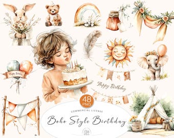 Boho Birthday Clipart Set: Cake, Teepee, Animals (PNG Digital Download)