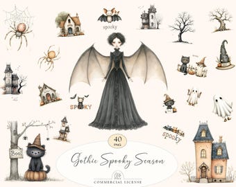 40 Gothic Halloween Clipart | Spooky Witch, Haunted Houses, Bats PNG
