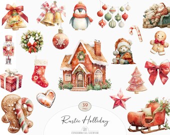 39 Rustic Christmas Clipart | Watercolor Holiday PNG, Cozy Gingerbread & Cottage Set