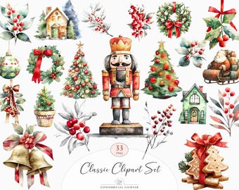 33 Nutcracker Christmas Clipart | Watercolor Holiday PNG, Vintage Xmas Decor Set