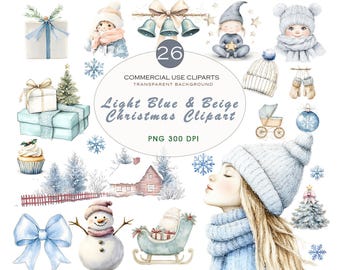 26 Light Blue and Beige Christmas Clipart | Soft Winter PNG Set, Elegant Holiday Collection