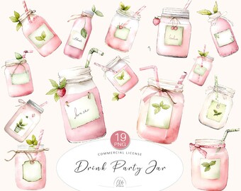 Watercolor Drink Jar Clipart Set: Pink Lemonade & Mint (Digital Download PNG Files 300 DPI)