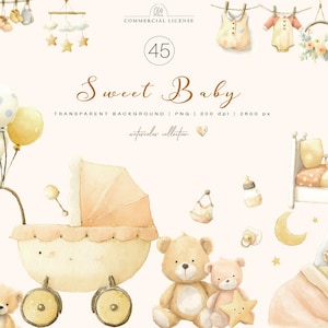 Puede incluir: Ilustración en acuarela con temática de bebé. Presenta un cochecito, osos de peluche, globos, ropa de bebé y una cuna. Se muestra el texto "Sweet Baby". Los colores pastel suaves crean una estética suave y acogedora.