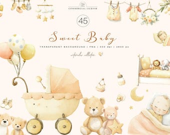 45 Baby Clipart Set | Sweet Baby Shower PNG | Stroller, Toys, Crib, Balloons | Nursery Clipart for Scrapbooking, Invitations, Crafts