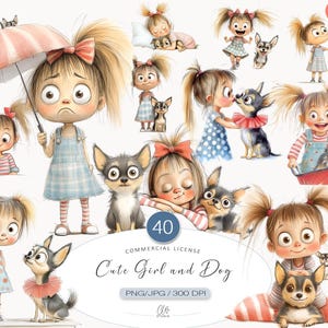 40 Girl and Dog Clipart for Scrapbooking and Junk Journal | Cute Child and Chihuahua Illustrations | PNG JPG, Instant Download
