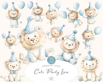 Blue Birthday Lion Clipart: Watercolor Party Animals (PNG Download)