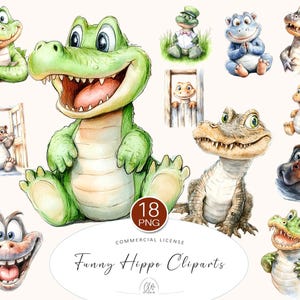 18 Alligator Clipart PNG – Cute Crocodile, Funny Hippo, Watercolor Jungle Animals, Kids Party Art, Printable Scrapbooking