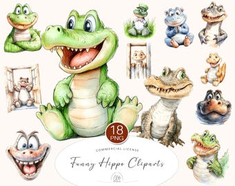 18 Alligator Clipart PNG – Cute Crocodile, Funny Hippo, Watercolor Jungle Animals, Kids Party Art, Printable Scrapbooking