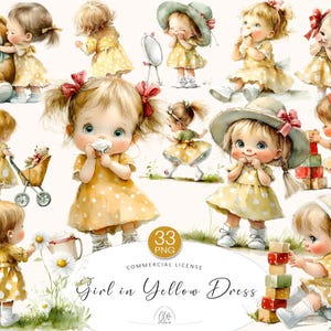 33 PNG Clipart de menina • Menina fofa em vestido de bolinhas amarelo com chapéu e brinquedos • Download instantâneo de alta resolução