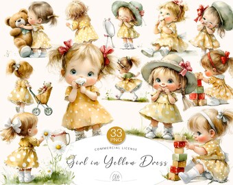 Baby Girl Clipart: Yellow Polka Dot Dress, Toys (33 PNG, Digital Download)