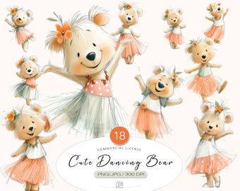 18 Bear Clipart PNG JPG | Cute Dancing Bear Clipart for Scrapbooking, Baby Shower, Junk Journal Crafts, Teddie Bear, Digital Download