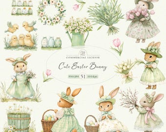 Vintage Easter Bunny Clipart: Pastel Spring Graphics (51 PNG & JPG)