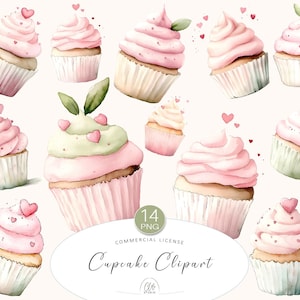 14 cupcake-clipart-png-set | Roze aquarellekkernijen voor kaarten en feestdecoratie | Direct downloaden
