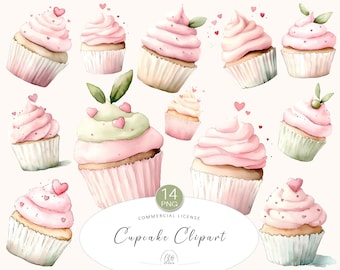 Watercolor Cupcake Clipart Set: Pink Sweet Treats, Party Decor (PNG, Instant Download