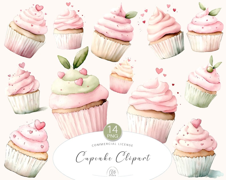 Watercolor Cupcake Clipart Set: Pink Sweet Treats, Party Decor (PNG ...