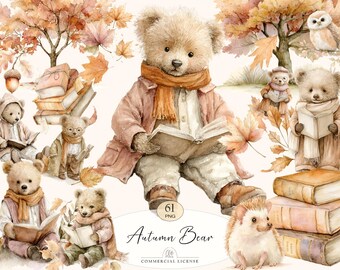 61 Autumn Bear Clipart | Watercolor Cozy Fall Animals, Reading Books PNG