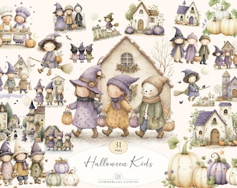 31 Halloween Kids Clipart | Cute Witches, Pumpkins & Houses PNG