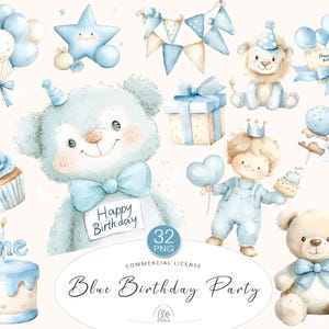 Puede incluir: Ilustraciones en acuarela de una fiesta de cumpleaños azul. Incluye un oso de peluche, un león, una tarta, globos y un niño pequeño. El texto "Happy Birthday" y "Blue Birthday Party" son visibles.