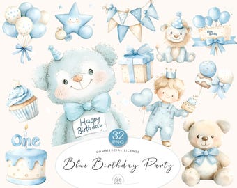 Blue Birthday Clipart: Baby Boy, Cake, Teddy Bear PNG (Digital Download)