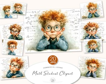 Watercolor Math Clipart: Boy with Glasses, Algebra Formulas (JPG Digital Download, 300 DPI)