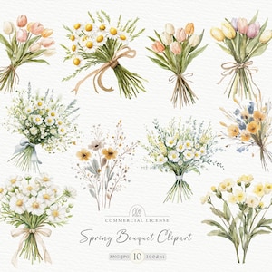 Bouquet floral à l'aquarelle | 10 fleurs printanières PNG et JPG | Décoration de mariage, fleurs sauvages rustiques, art cottagecore, téléchargement immédiat