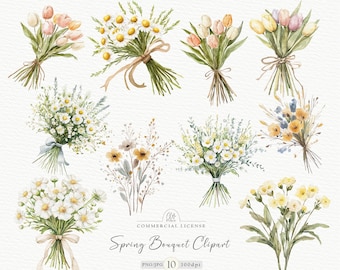 Watercolor Spring Flower Bouquet Clipart: Cottagecore Wedding Decor (PNG & JPG, Digital Download)