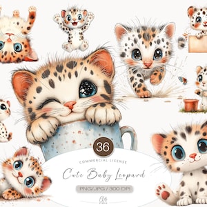 36 jolis cliparts de bébé léopard pour le scrapbooking et le journal indésirable | PNG JPG Art animalier de la jungle | Stickers grands félins imprimables