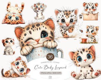 36 Cute Baby Leopard Cliparts for Scrapbooking and Junk Journal | PNG JPG Jungle Animal Art | Big Cat Printable Stickers