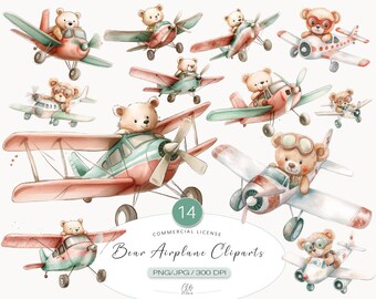 Bear Airplane Clipart Set: Vintage Pilot Teddy Graphics (PNG JPG)