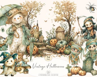 54 Vintage Halloween Clipart | Retro Pumpkins, Ghosts, Skeletons, Witch PNG