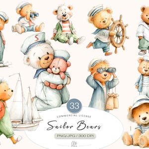 33 Clipart di orsetti marinai in formato PNG e JPG / Orsetti nautici per scrapbooking, arte per la cameretta dei bambini e divertimento con il diario di scarto, baby shower, download immediato