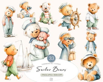 Sailor Bear Clipart: Nautical Baby Bears, Scrapbooking & Nursery Art (PNG JPG, Instant Download)