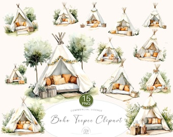 15 Boho Teepee Cliparts | Bohemian Tent PNG for Party Decor, Kids Room, Boho Invitations, Nursery Art, Scrapbooking & DIY Projects