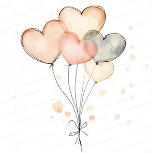 Paquete de 10 imágenes prediseñadas de globos con forma de corazón en acuarela / Imágenes prediseñadas del día de San Valentín / Descarga digital con temática de amor para tarjetas e invitaciones JPG