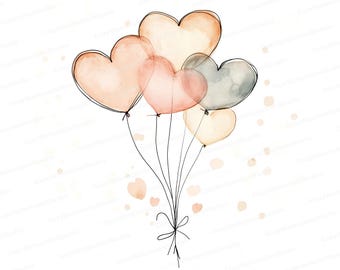 Watercolor Heart Balloons Clipart: Valentine's Day Digital Art (JPG)