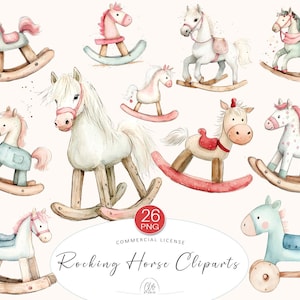 26 Rocking Horse Cliparts PNG | Watercolor Baby Toy Horses for Nursery Decor, Baby Shower Invitations, Scrapbooking, Kids Printables