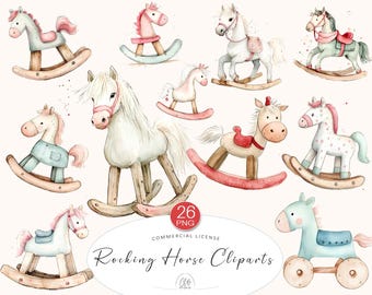 Watercolor Rocking Horse Clipart: Baby Nursery Decor (PNG Digital Download)
