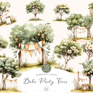 Op de afbeelding: Waterverfillustraties van verschillende bomen met groene bladeren en bloemaccenten. Sommige bomen zijn versierd met vlaggenlijnen. De tekst "Boho Party Trees" en "15 PNG" zijn zichtbaar. Het thema is een bohemien stijl.