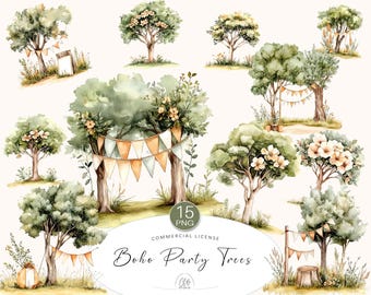 Boho Watercolor Tree Clipart Set: Floral Garlands, Nature PNG (Digital Download)